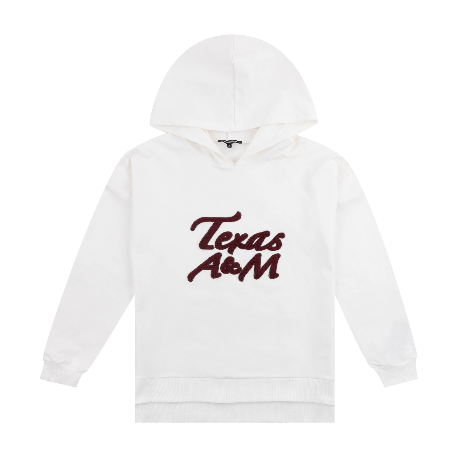 White hoodie with "Texas A&M" in maroon.