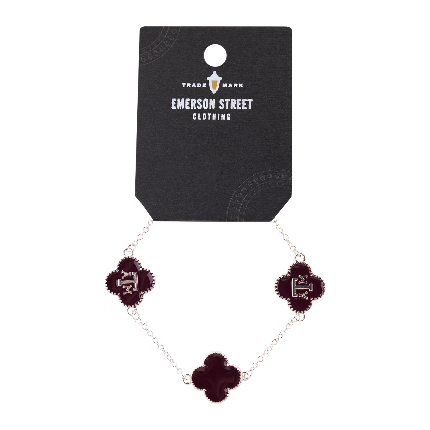 Silver bracelet with maroon clover ATM charms.