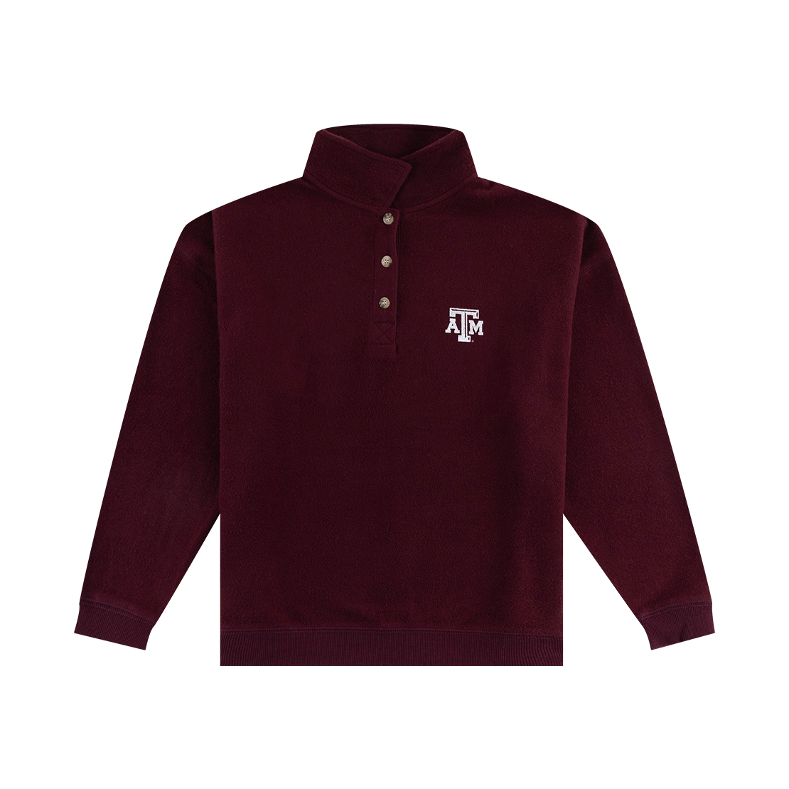 Maroon pullover with white, beveled ATM logo on the left side of the chest.