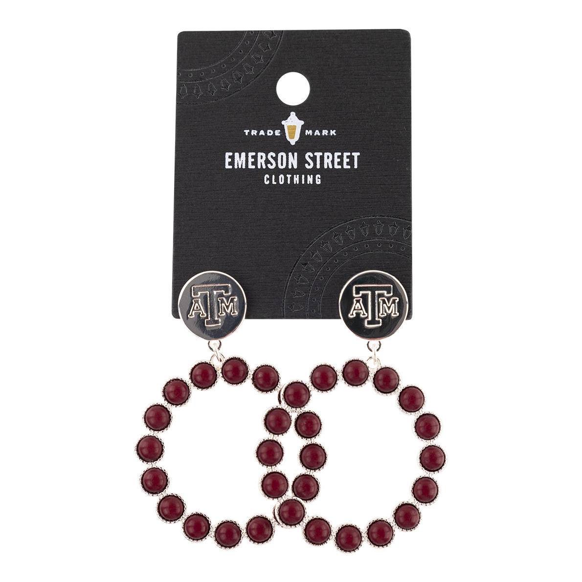 Maroon beaded hoop earrings with silver ATM logo