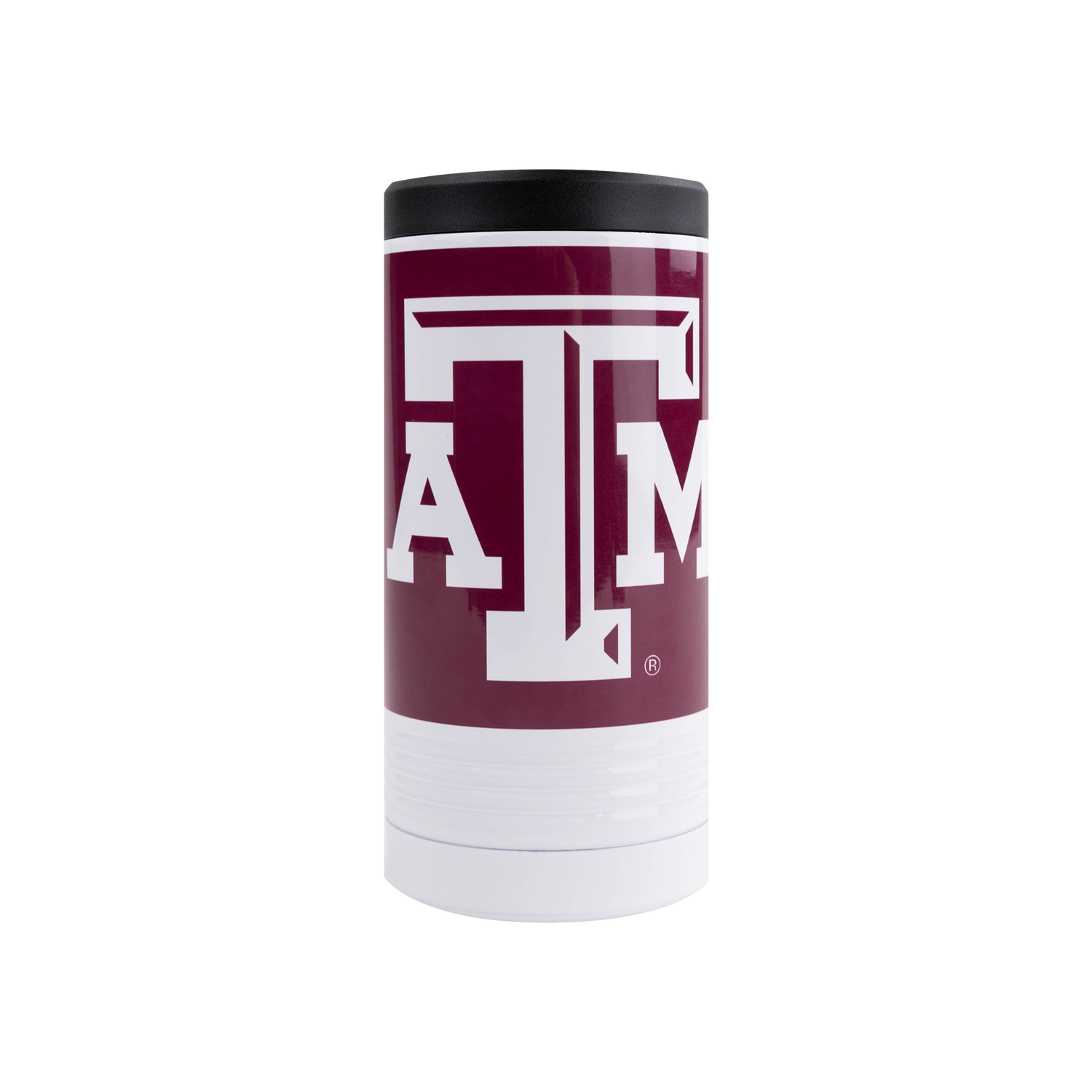 Maroon and white slim koozie with white, beveled ATM logo