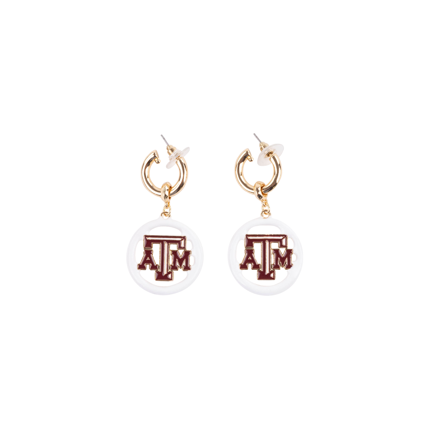 Hanging Texas A&M earrings with the Texas A&M logo in maroon on them.