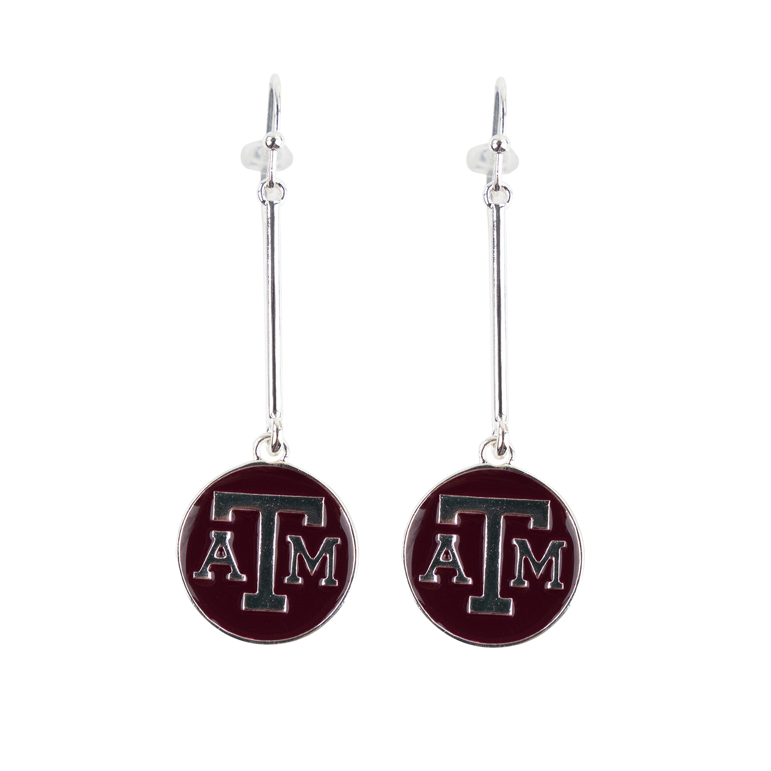 Silver dangle earrings. The charm is a circle with a maroon shiny background. There is a silver (A&M) logo in the center. The circle charm is flat. 