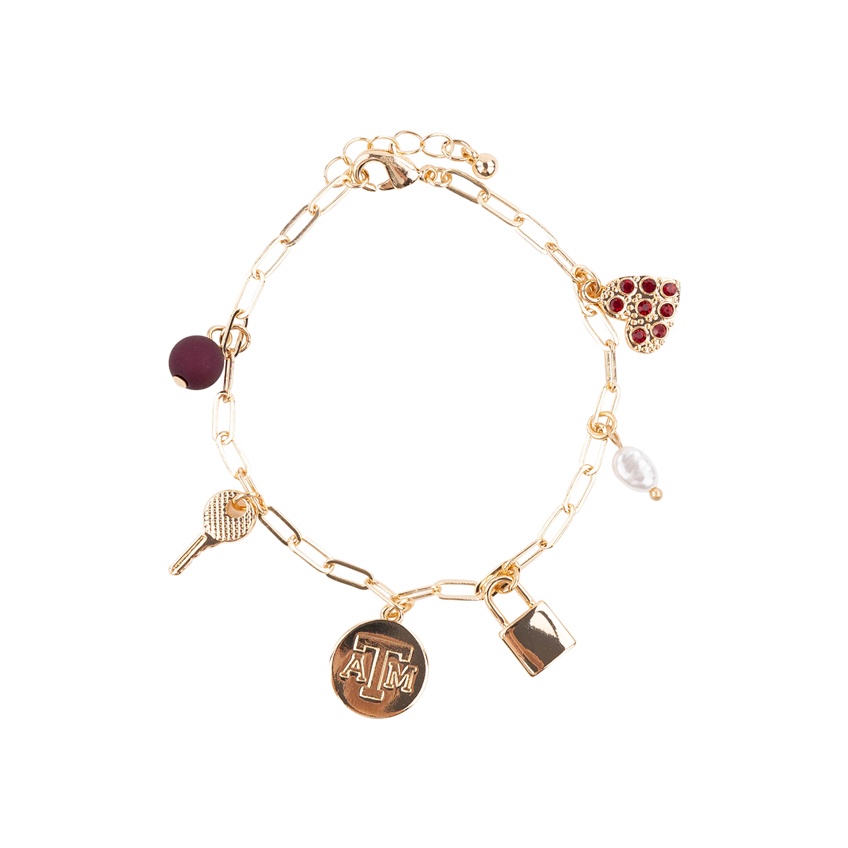 Gold charm bracelet with 6 charms and 2 charms have maroon accents on them.