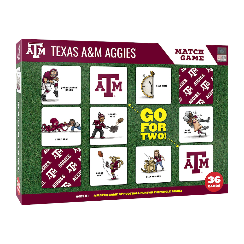 Texas A&M Aggies match game packaging with grid of cards and branding elements.