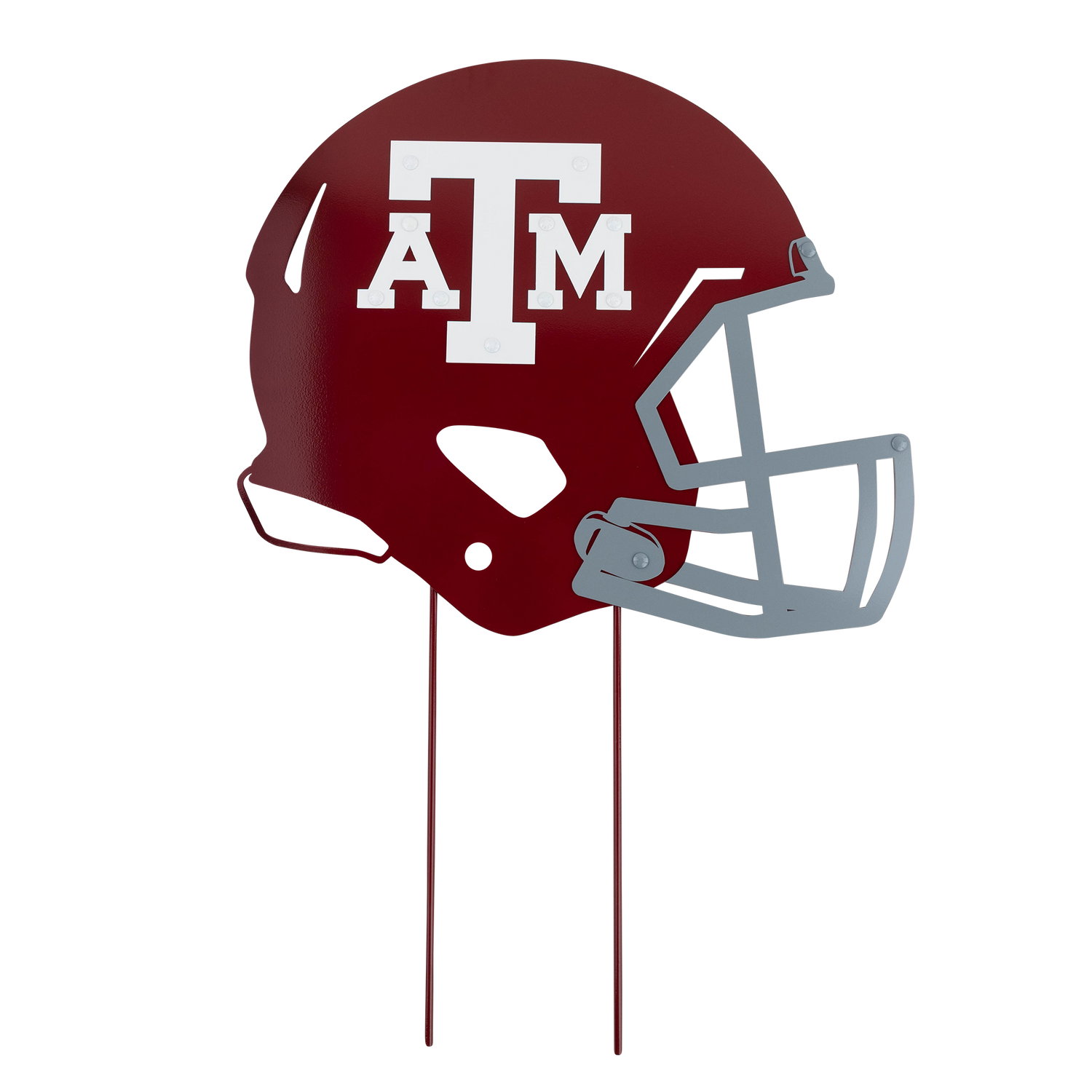 A Texas A&M yard sign shaped like a maroon football helmet featuring a white "ATM" logo and a grey facemask, mounted on two metal stakes.   