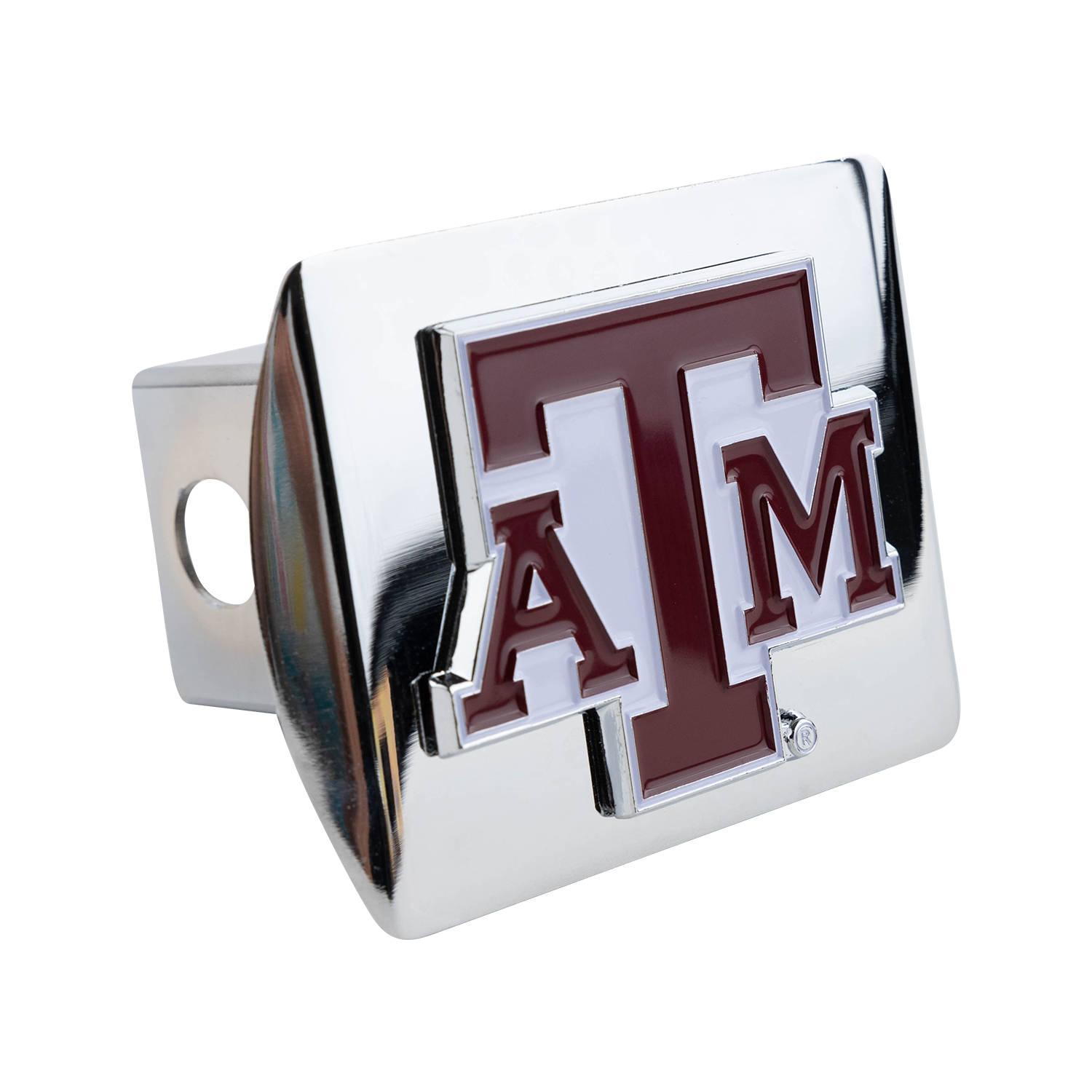 Texas A&M maroon and white logo tail hitch cover with a polished silver finish.