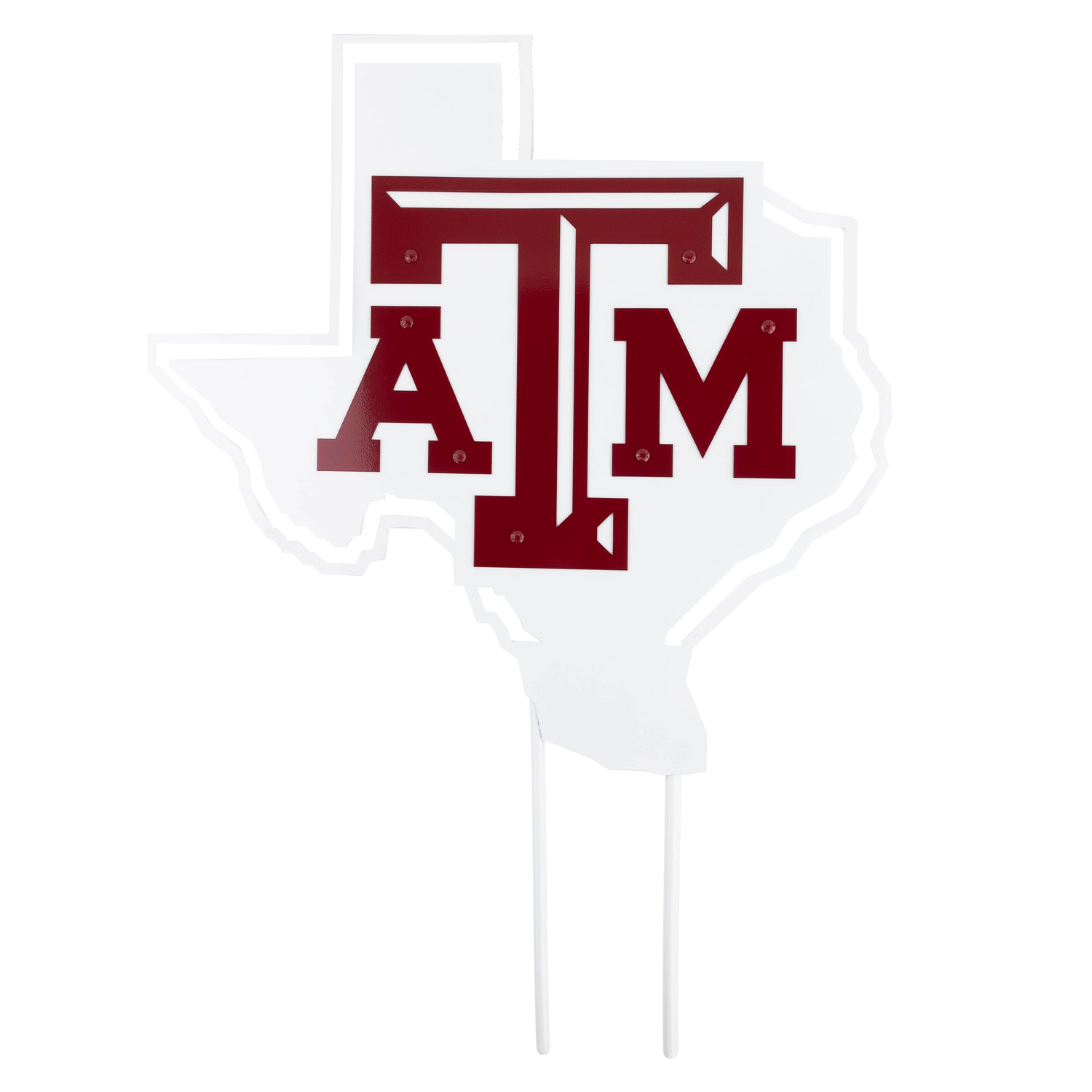 A Texas A&M yard sign shaped like the outline of Texas in white, overlaid with a large maroon "ATM" logo and mounted on two metal stakes.   