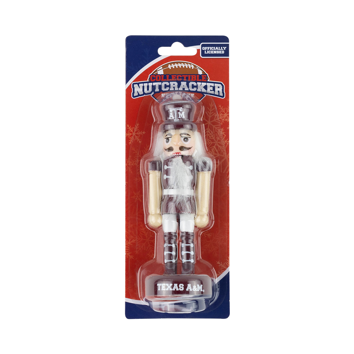 Nutcracker figurine in packaging with 'Texas A&M' text and emblem.