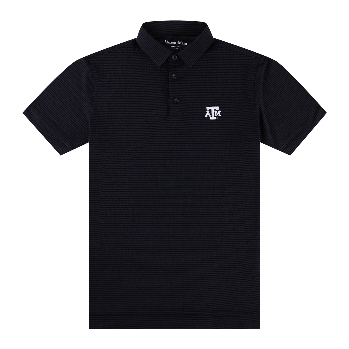 Black polo with different levels of black stripes and the Texas A&M logo embroidered on the upper left chest in white.