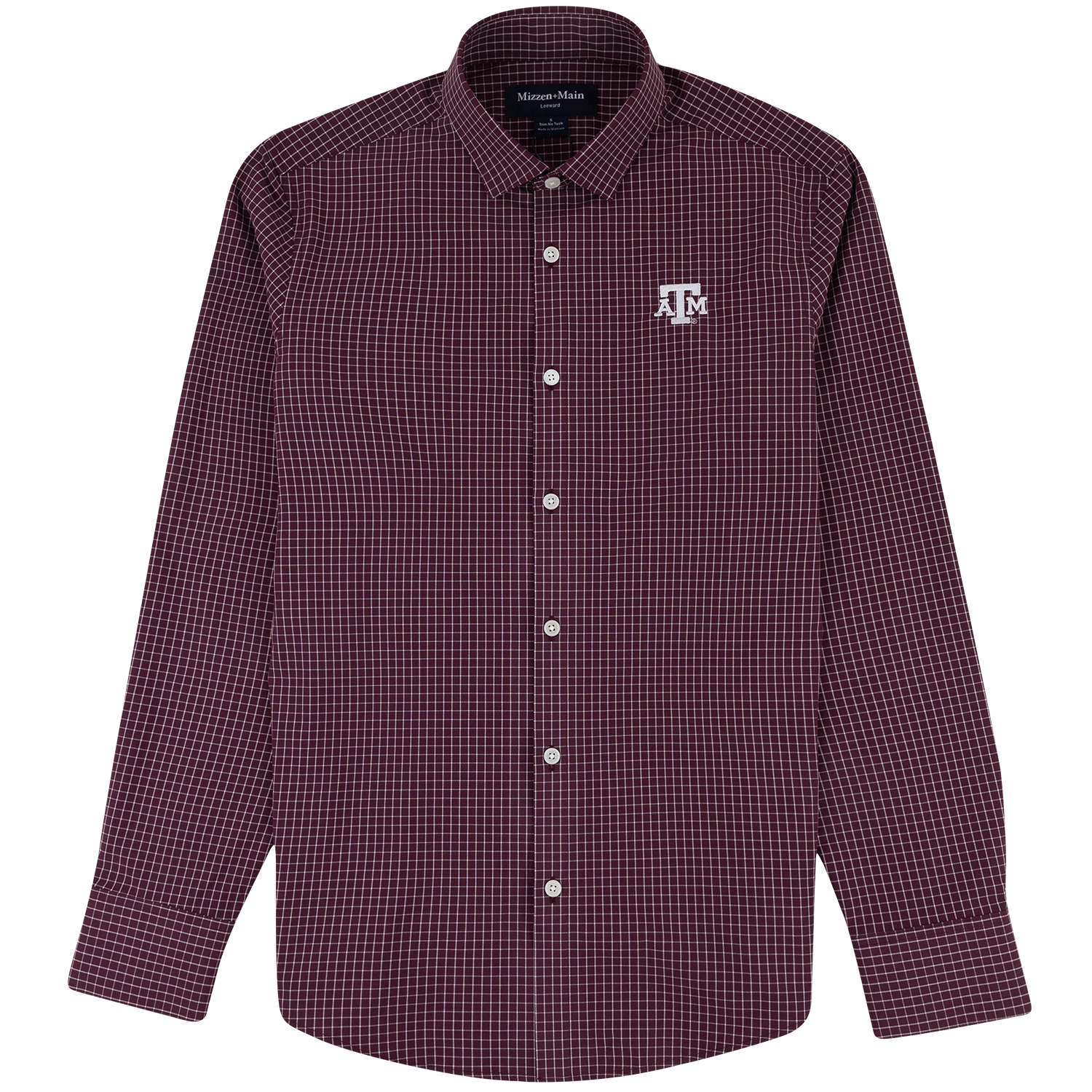 Maroon Mizzzen+Main long-sleeve button-down shirt featuring a white windowpane check pattern, pointed collar, white buttons, and an embroidered white Texas A&M logo on the chest.