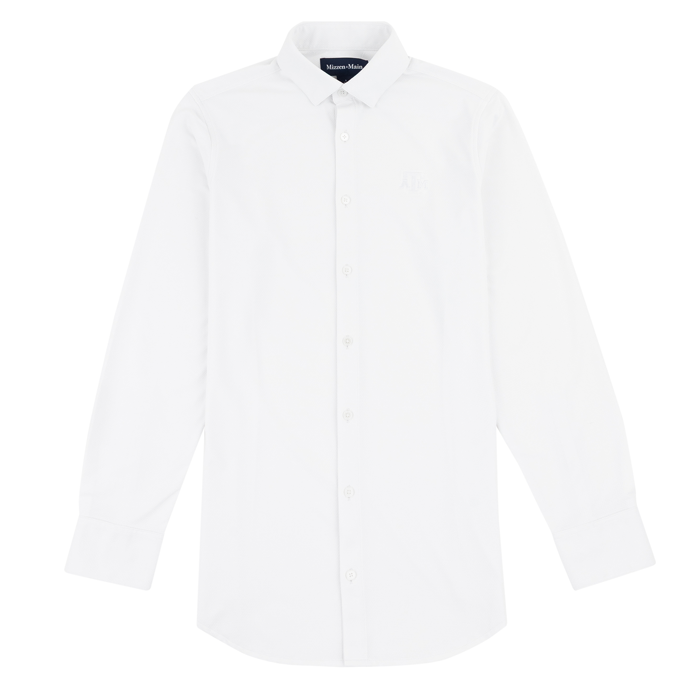 White long sleeve button down with Texas A&M embroidered in white on the upper left chest.