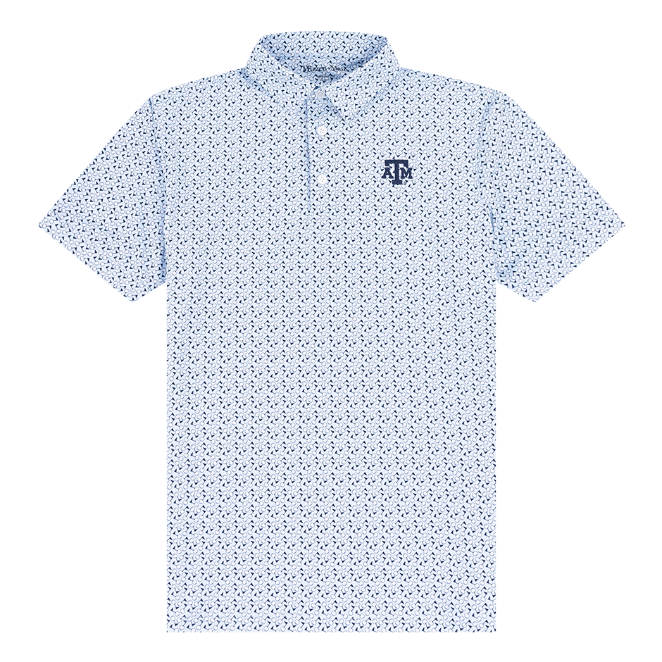 Light blue polo with golf ball design and navy ATM logo on the left side of the chest