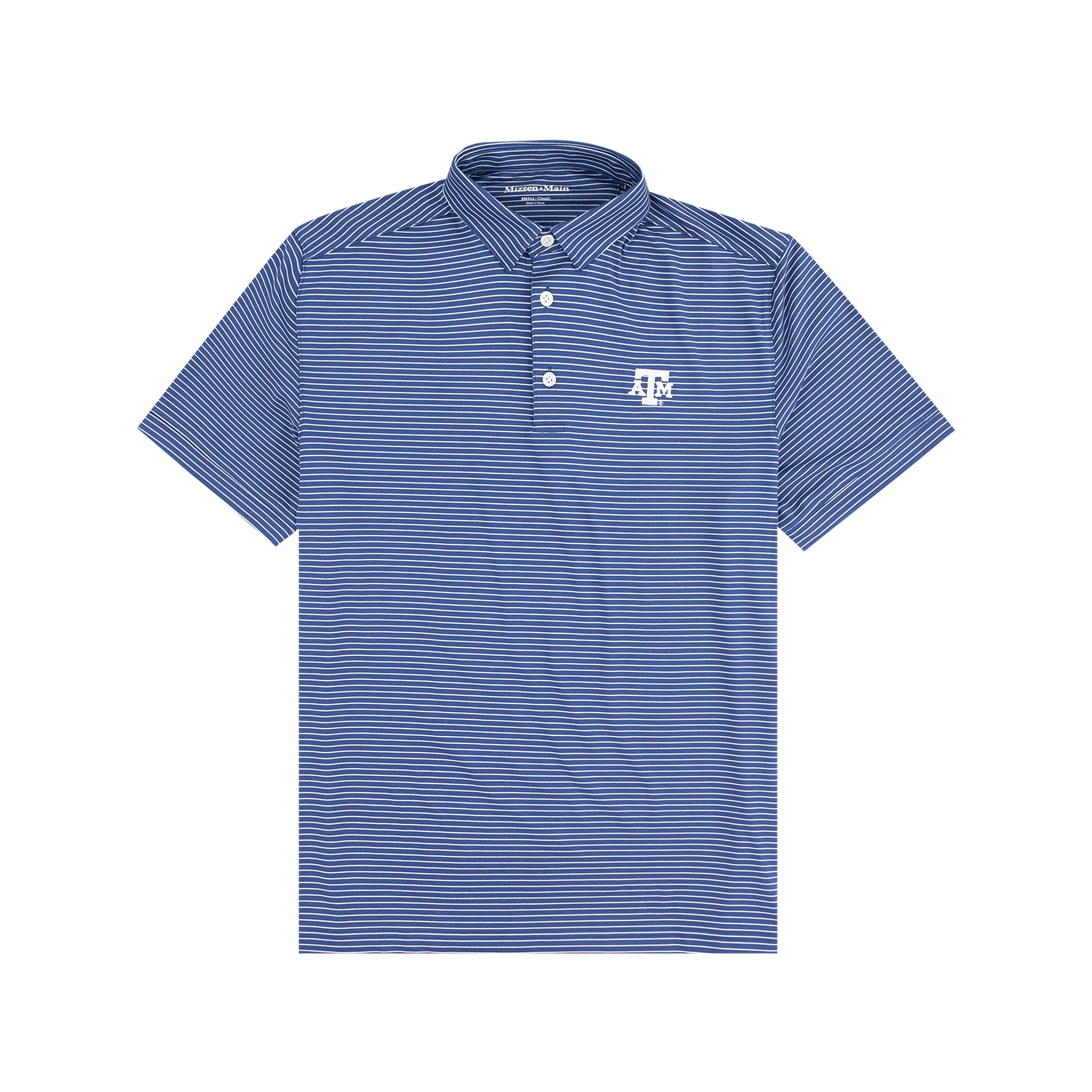 Blue striped polo shirt with a logo