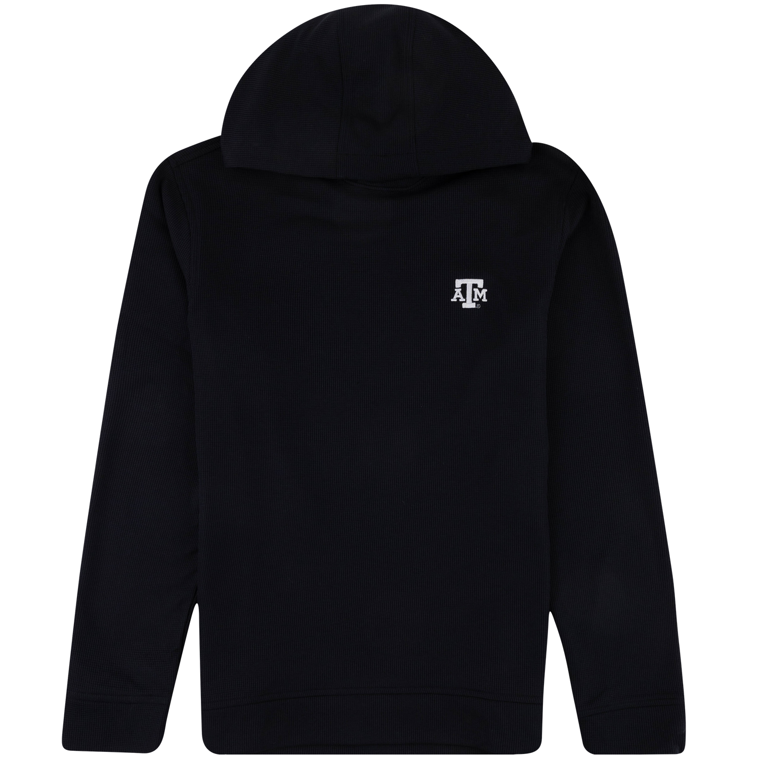 Black Texas A&M hooded pullover featuring a white embroidered Texas A&M logo on the chest, long sleeves, and ribbed cuffs and hem.