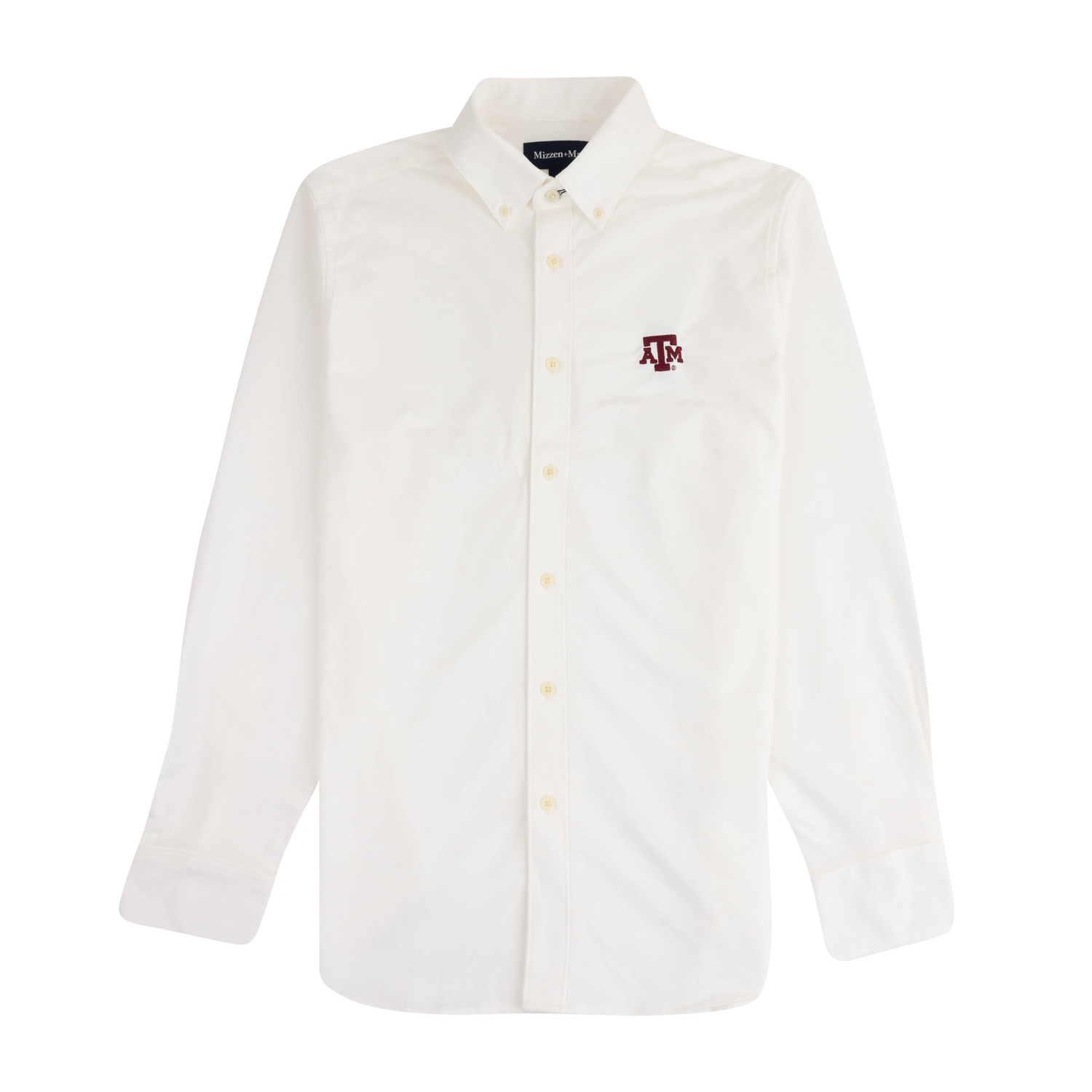 White button-up shirt with Texas A&M logo embroidered on the upper left chest