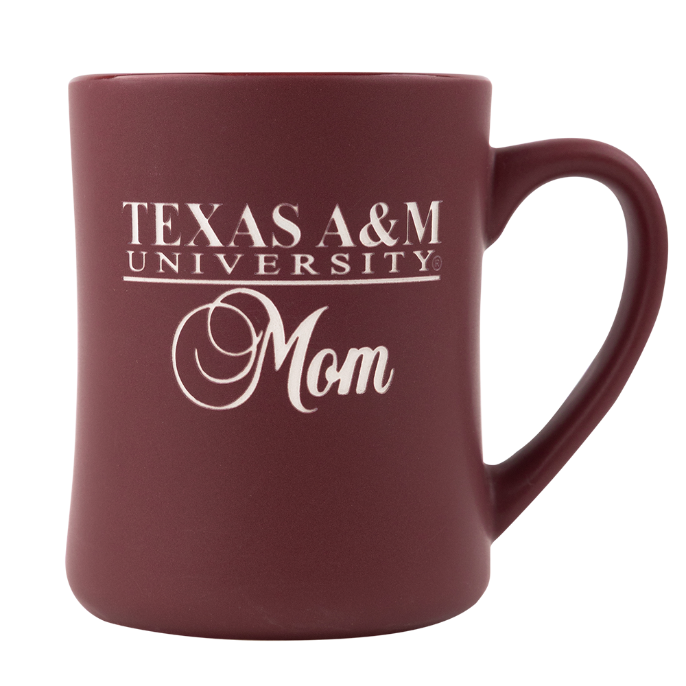 Maroon mug with the saying "Texas A&M University Mom" engraved in white.