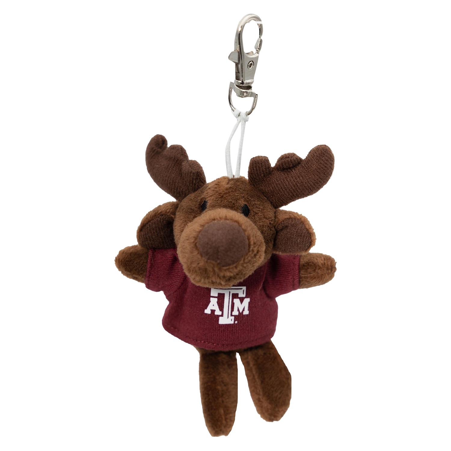 A plush moose keychain wearing a maroon Texas A&M shirt with the white 'A&M' logo, attached to a silver metal clasp on a white background.