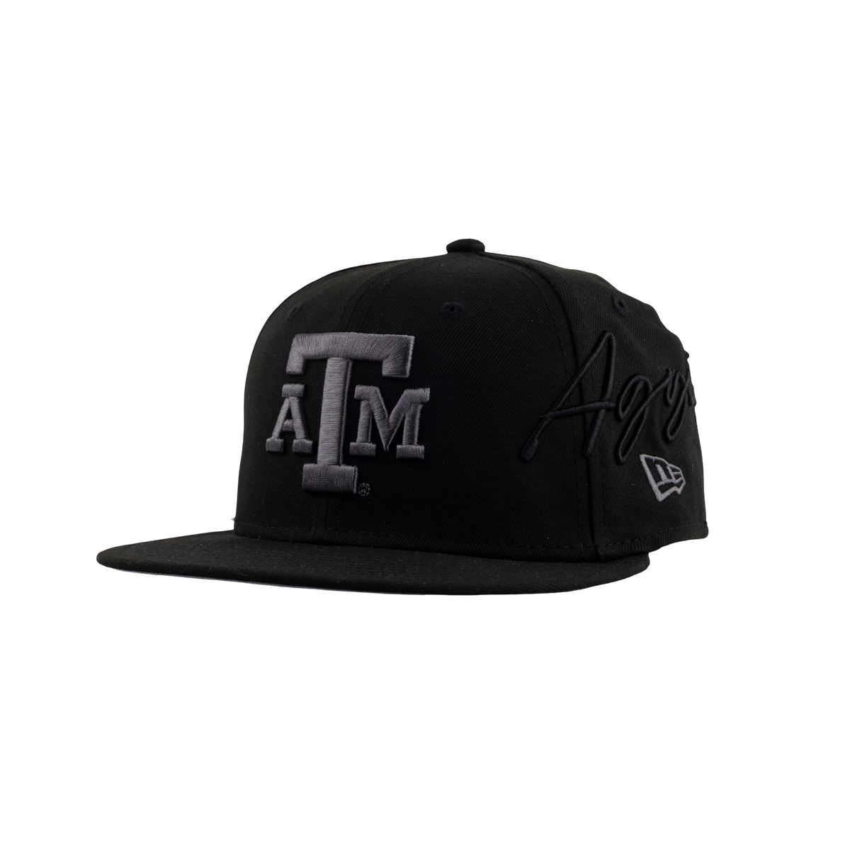 Black Texas A&M flatbill cap featuring a raised gray “ATM” logo on the front, black script embroidery on the side, and a New Era logo on the opposite side.