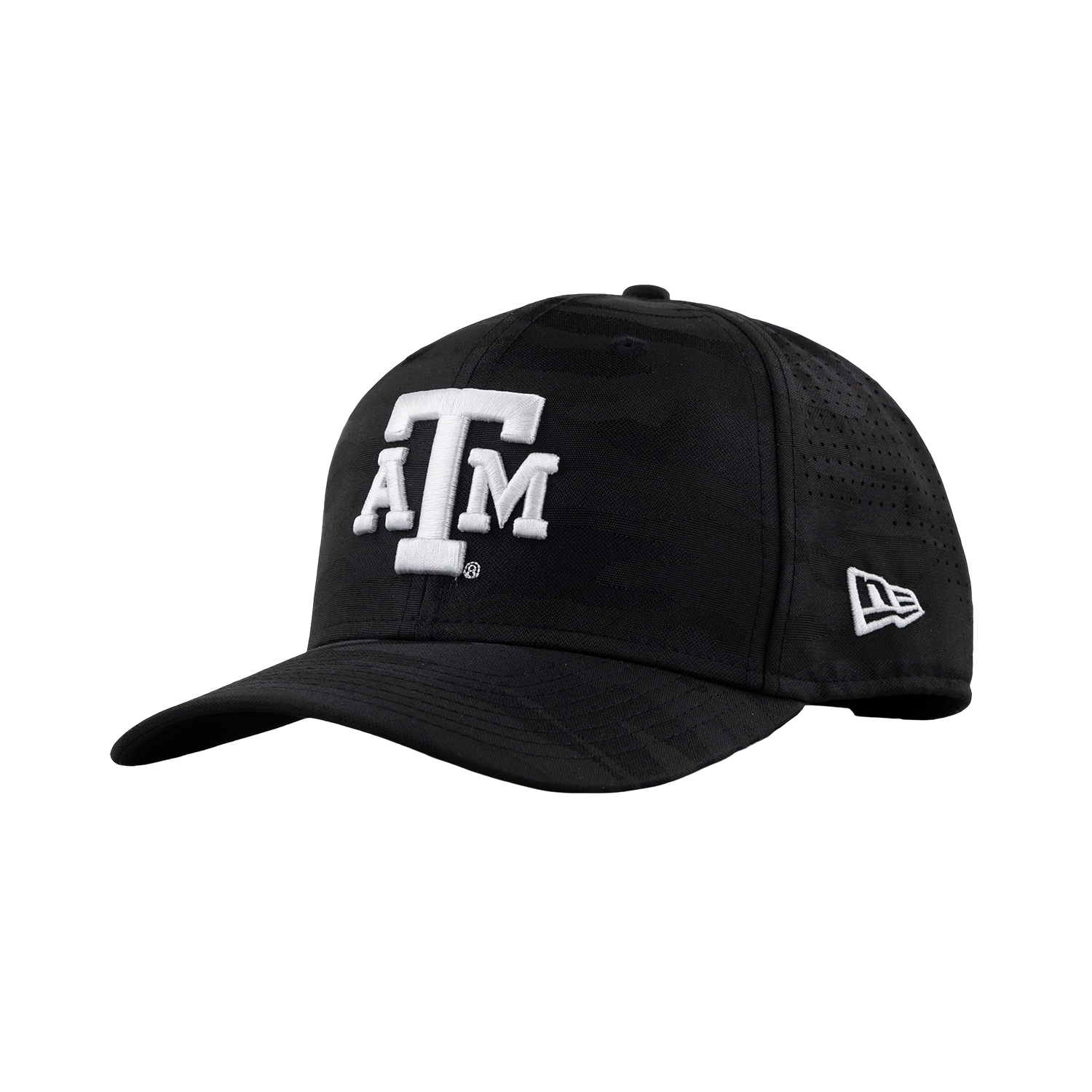 A black baseball cap with a subtle tonal camouflage pattern, featuring a white embroidered 'A&M' logo on the front and a white New Era logo on the side. The cap is shown from a three-quarter angle against a plain white background.