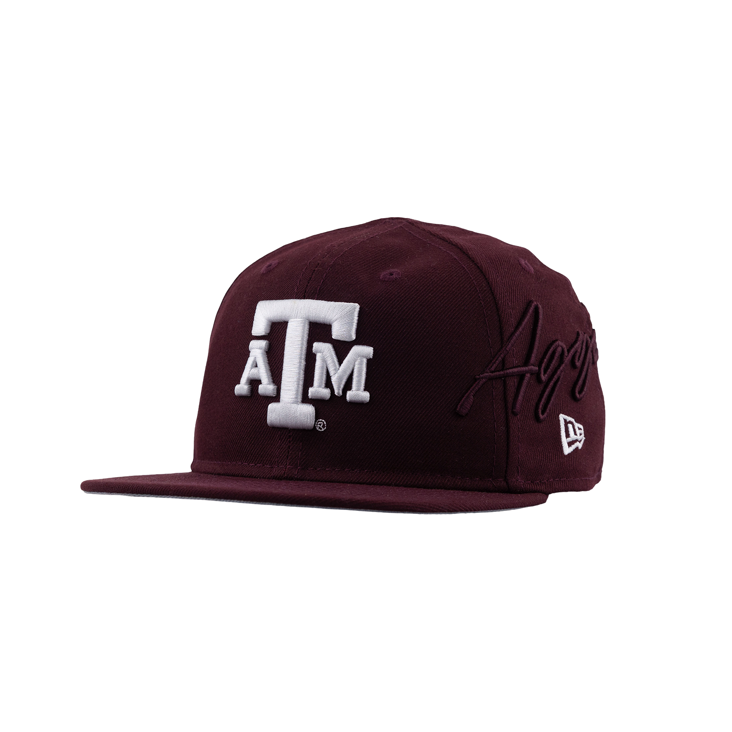 A maroon snapback cap featuring a white embroidered 'A&M' logo on the front, a maroon 'Aggies' script embroidery on the side, and a white New Era logo on the brim, set against a plain white background.