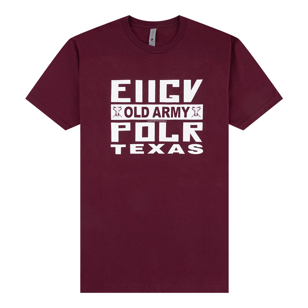 Maroon t-shirt with white text