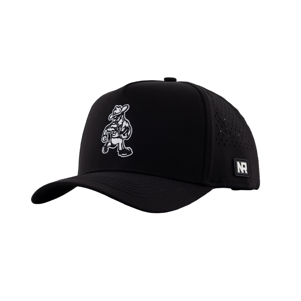 Black baseball cap with white embroidered design on Texas A&M's Ol' Sarge carrying a football. 