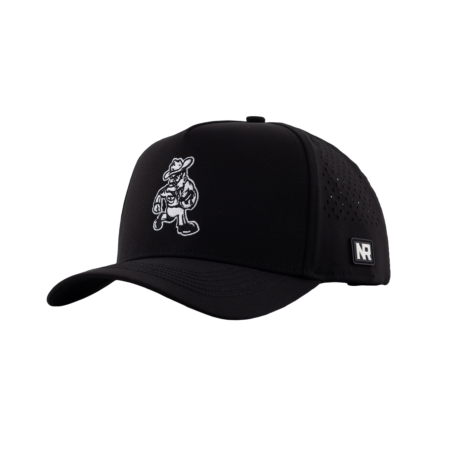 Black baseball cap with white embroidered design on Texas A&M's Ol' Sarge carrying a football. 