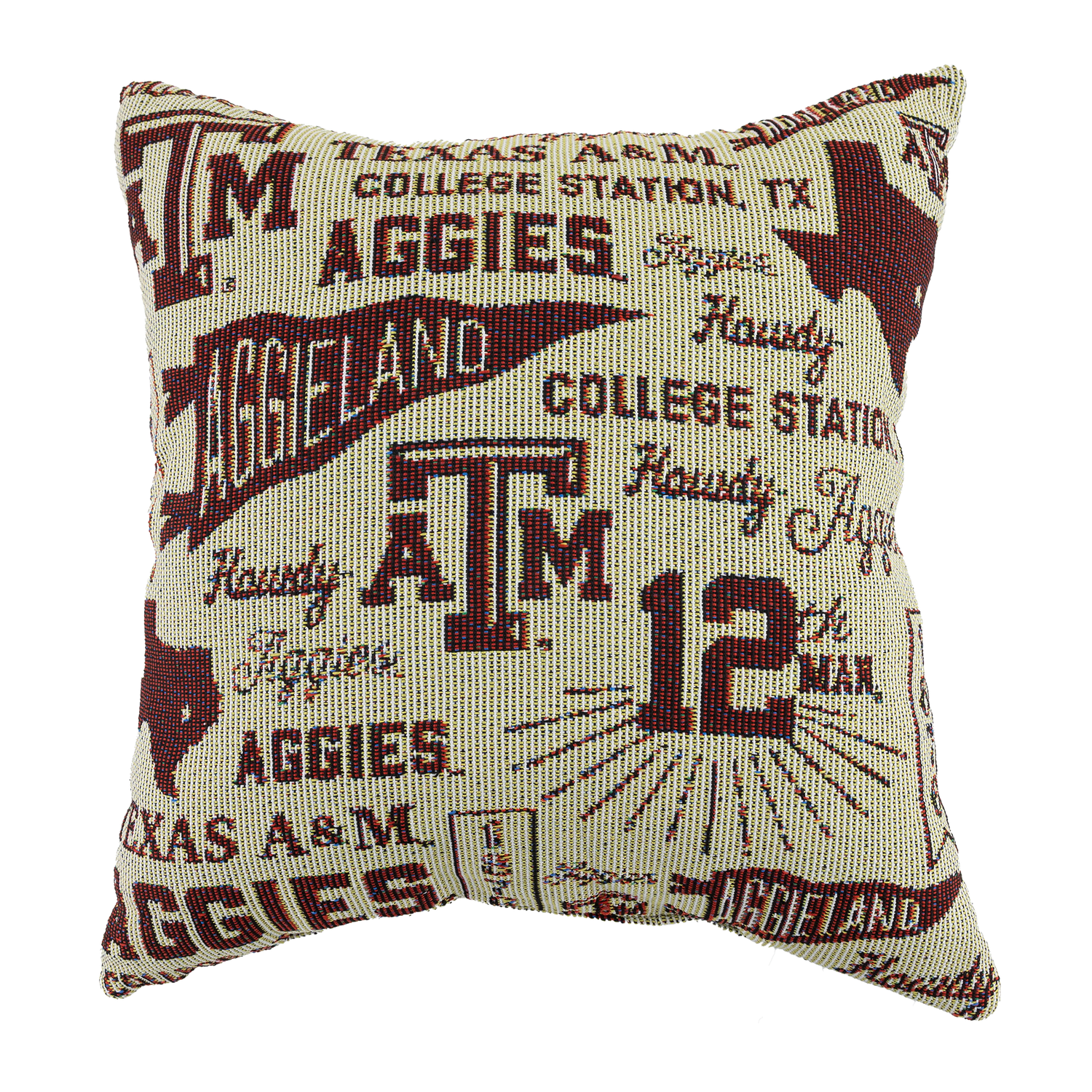 Texas A&M decorative throw pillow featuring a cream background with a maroon and black collage of Aggie logos, Texas silhouettes, vintage lettering, and university-inspired graphics.