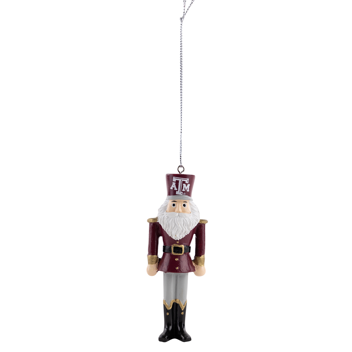 Maroon nutcracker ornament wearing a Texas A&M hat