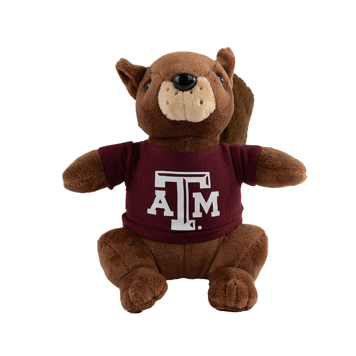 Plush toy squirrel wearing a maroon shirt with 'ATM' logo 