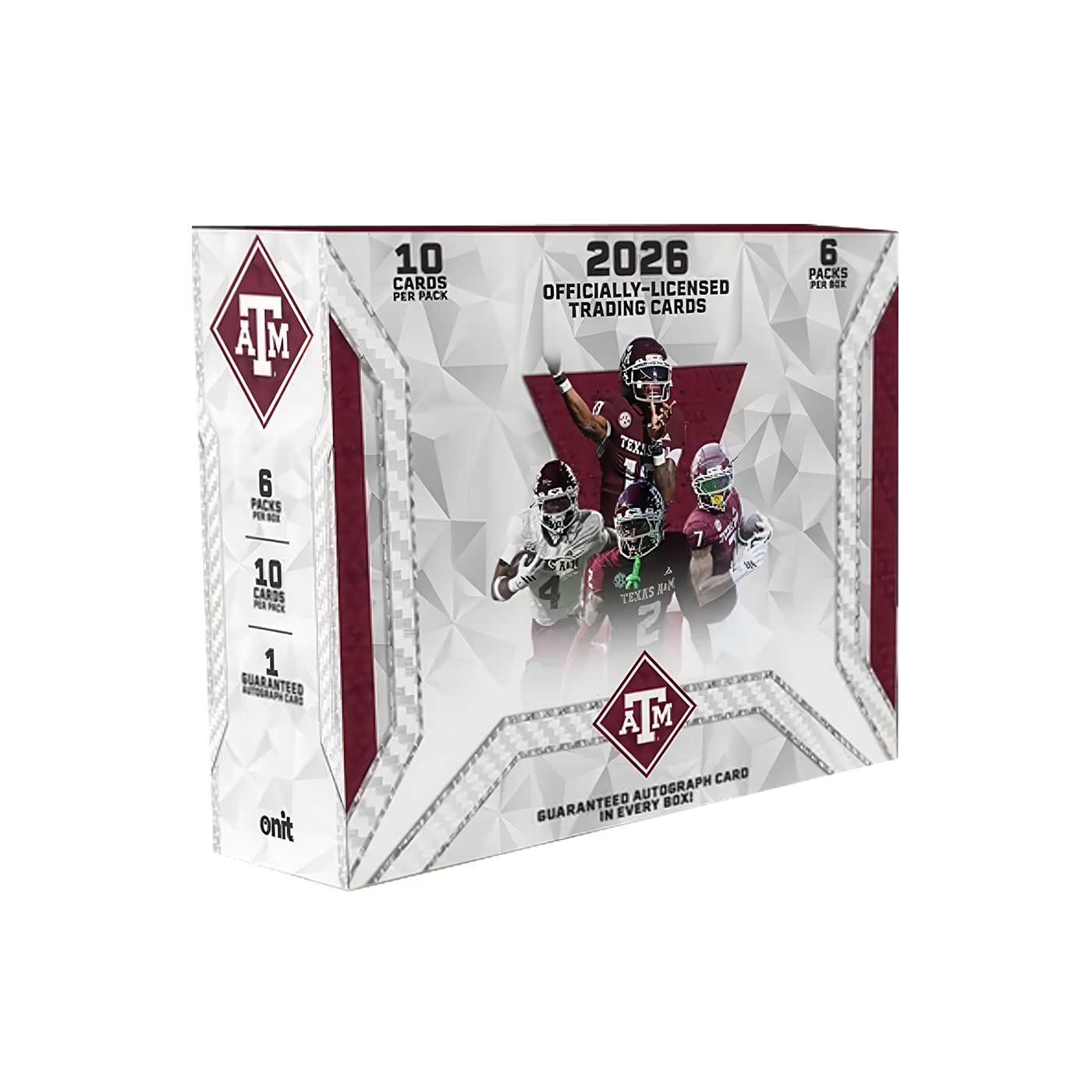 A 2026 official licensed trading cards box featuring the Texas A&M University brand, with football player graphics on the front and side details indicating 10 cards per pack and 6 packs per box.