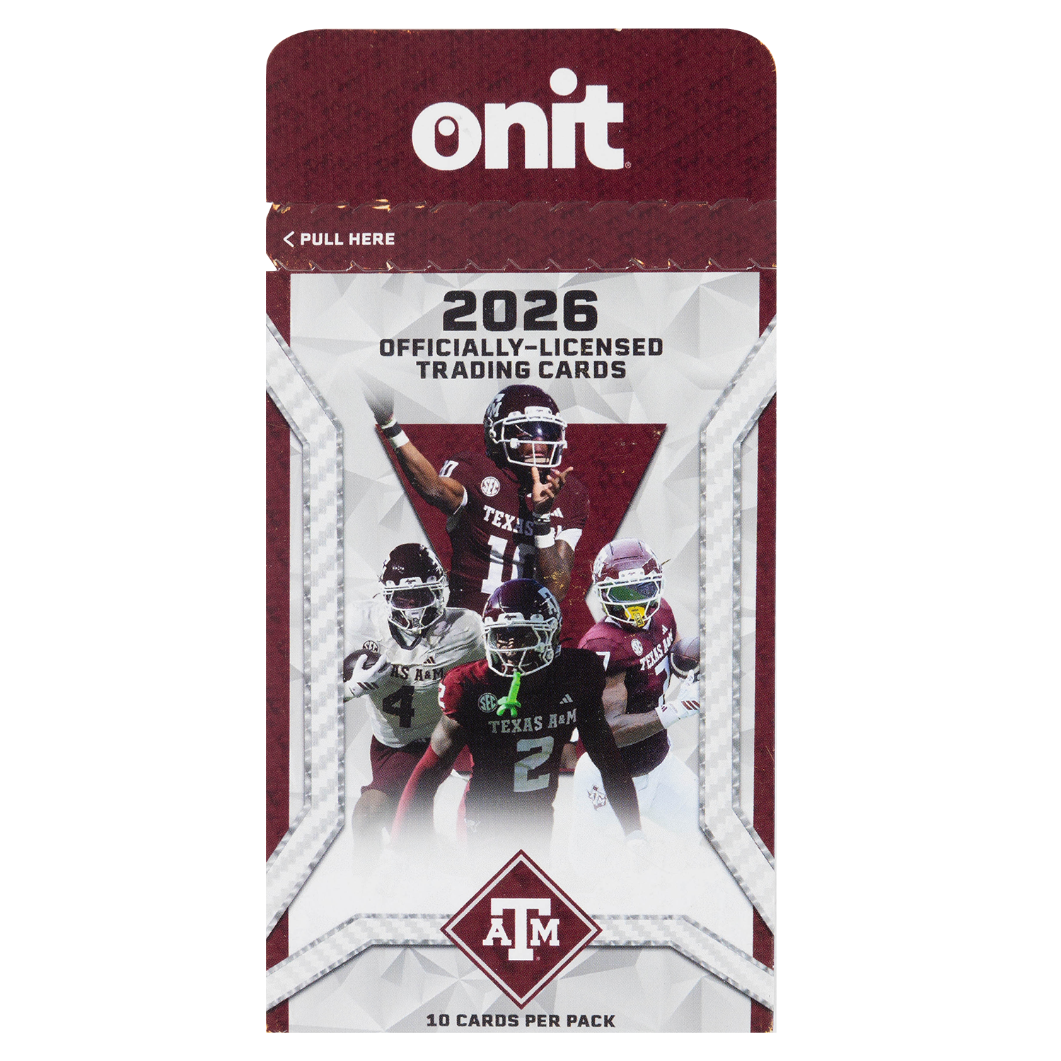 A pack of 2026 officially licensed Texas A&M football trading cards by unit, featuring a maroon and white design with player illustrations and the A&M logo at the bottom.