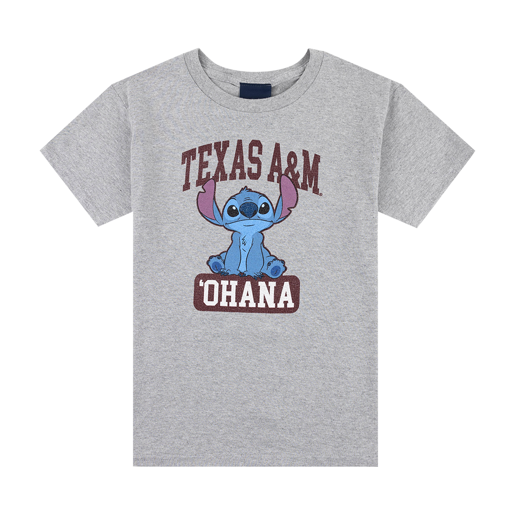 Gray t-shirt with a cartoon character and 'Texas A&M Ohana' 