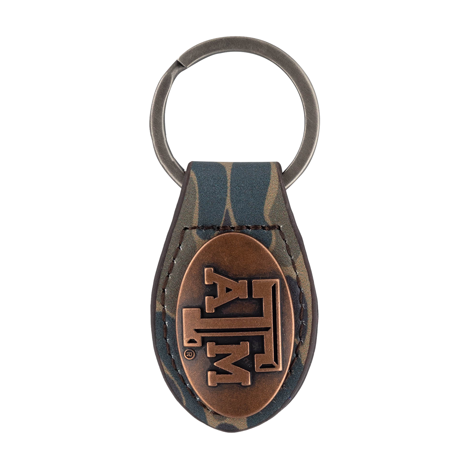 Camo keychain with the Texas A&M logo on the front in brown.