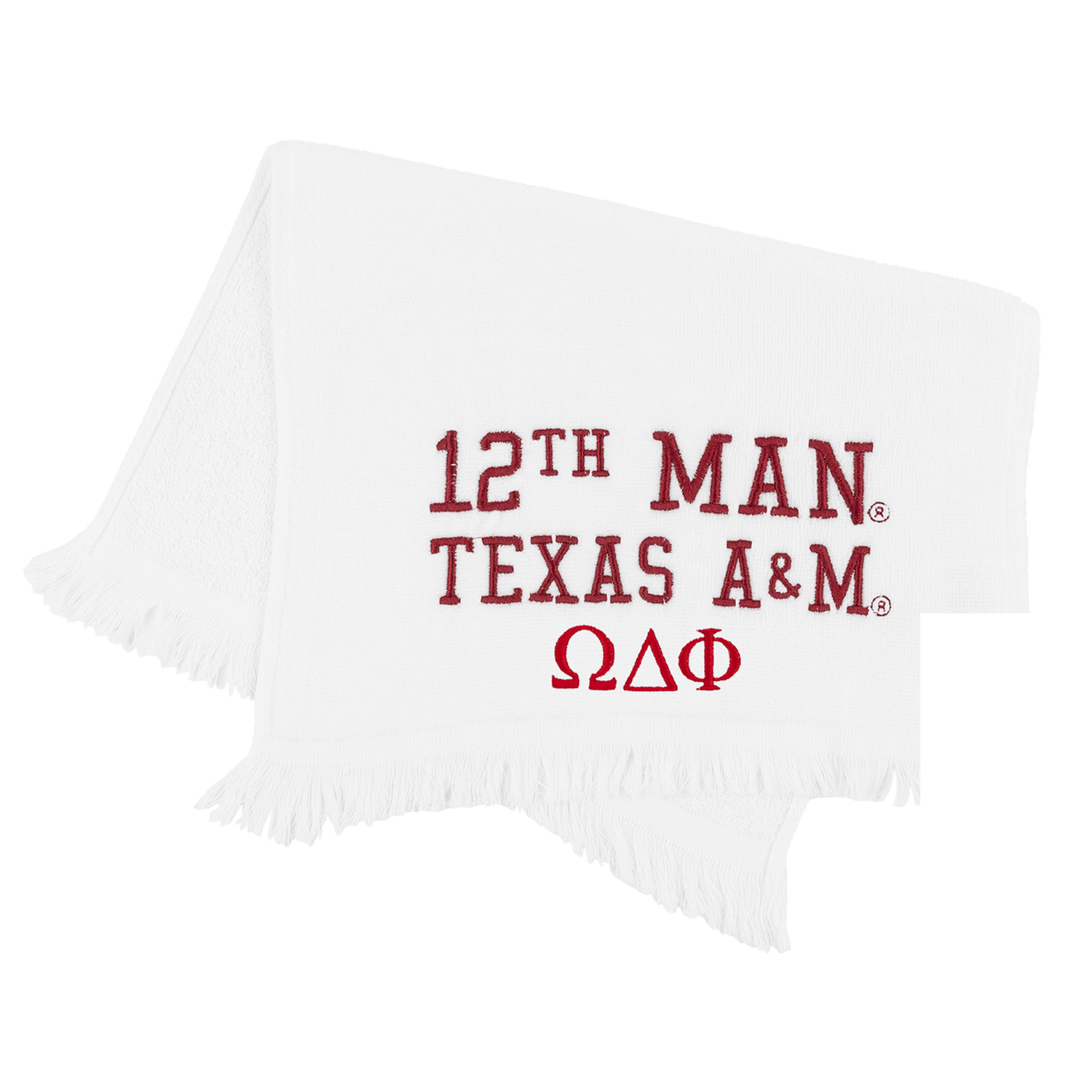 A white knit towel with fringe edges, featuring '12TH MAN TEXAS A&M' and the Greek letters Omega Delta Phi embroidered in red on the front.