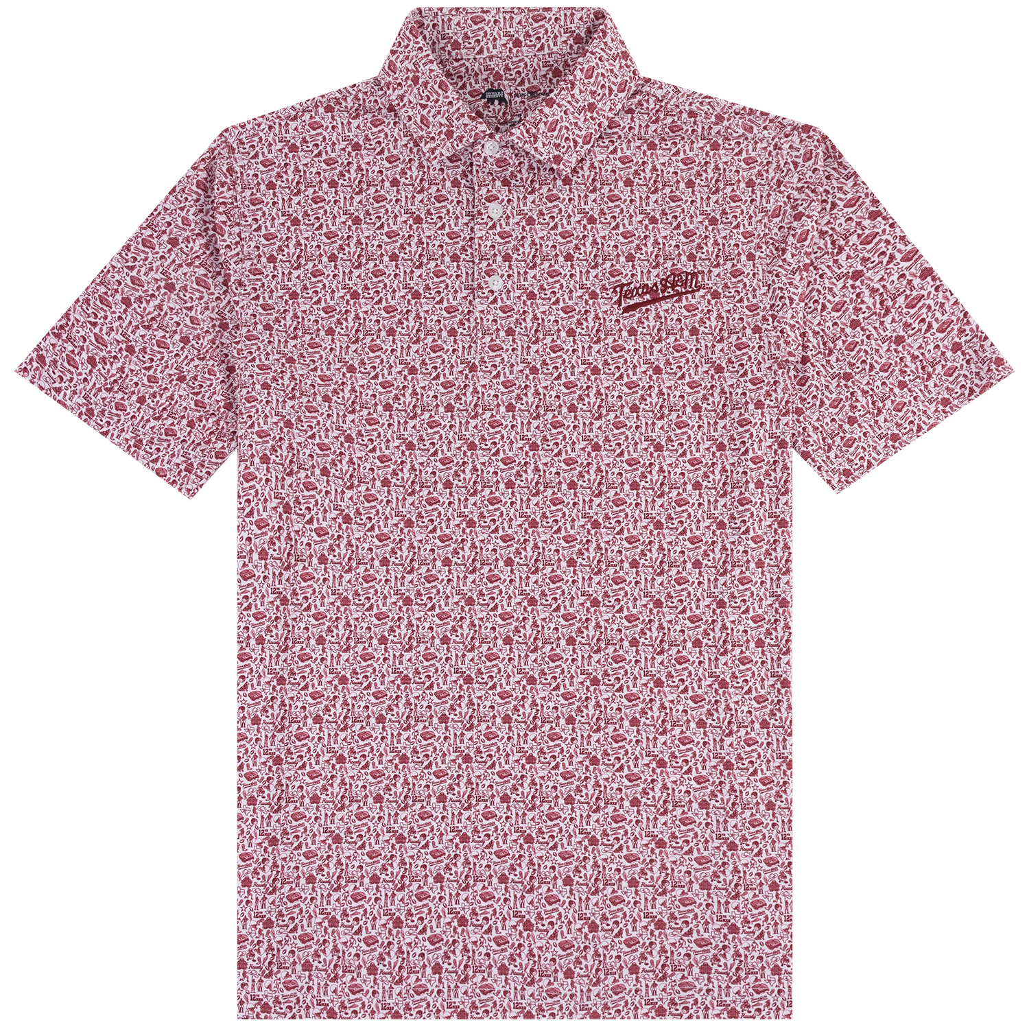 A short-sleeve polo shirt with an all-over small maroon and white texas A&M print, featuring a small embroidered 'texas a&m' logo on the left chest, displayed on a clean white background.