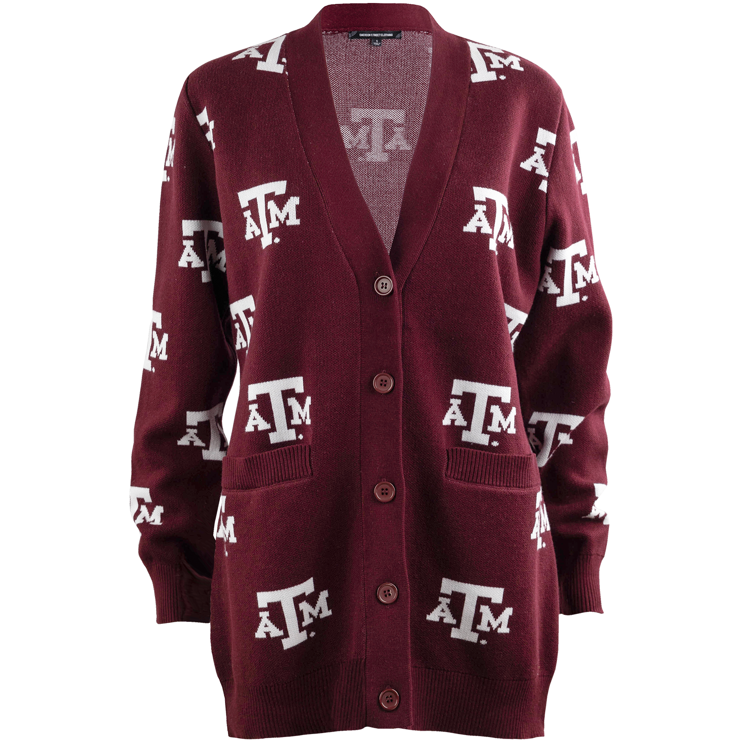 Texas A&M maroon cardigan sweater featuring an all-over white Texas A&M logo pattern, button-front closure, and front pockets.