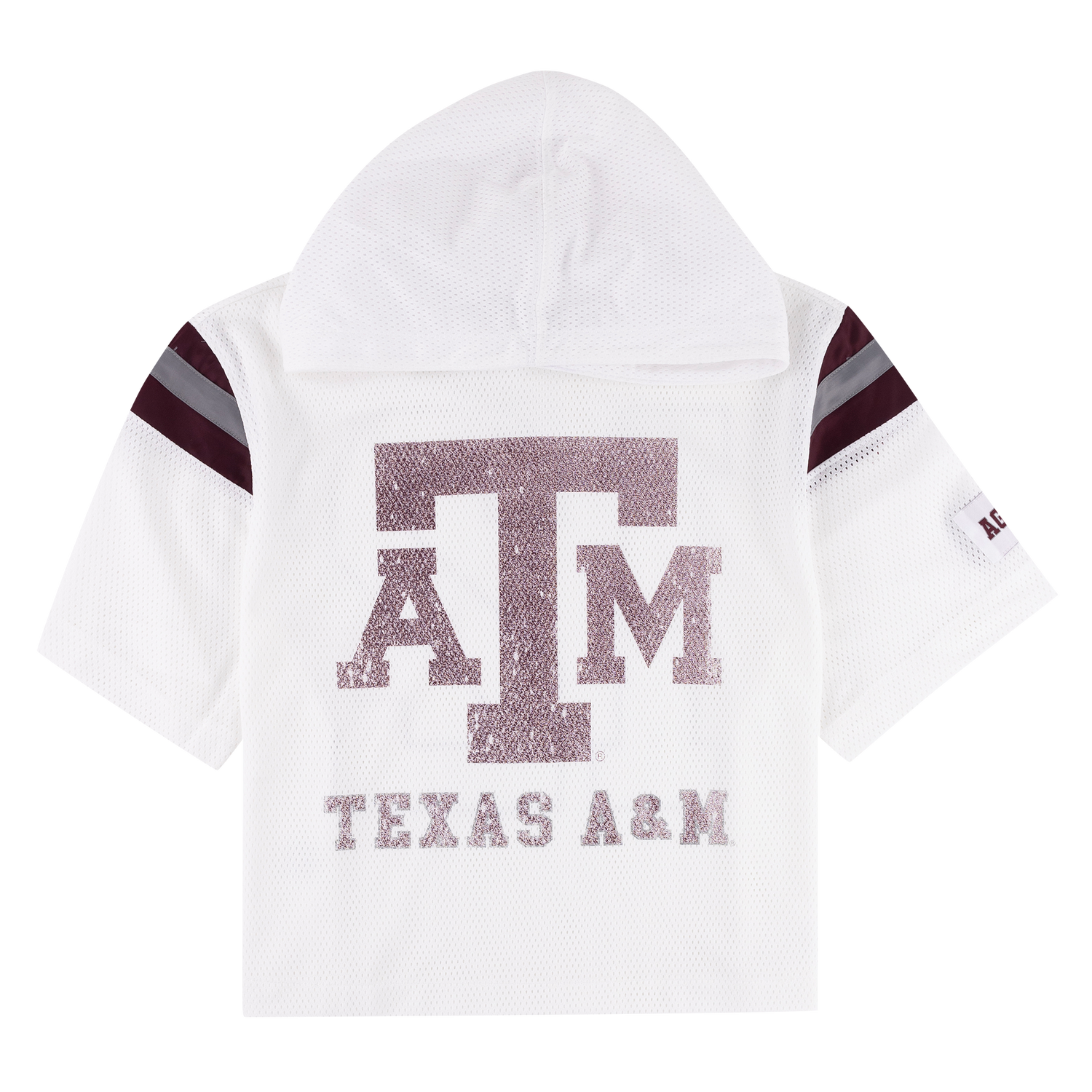 White mesh cropped top with hoodie with "ATM Texas A&M" in maroon