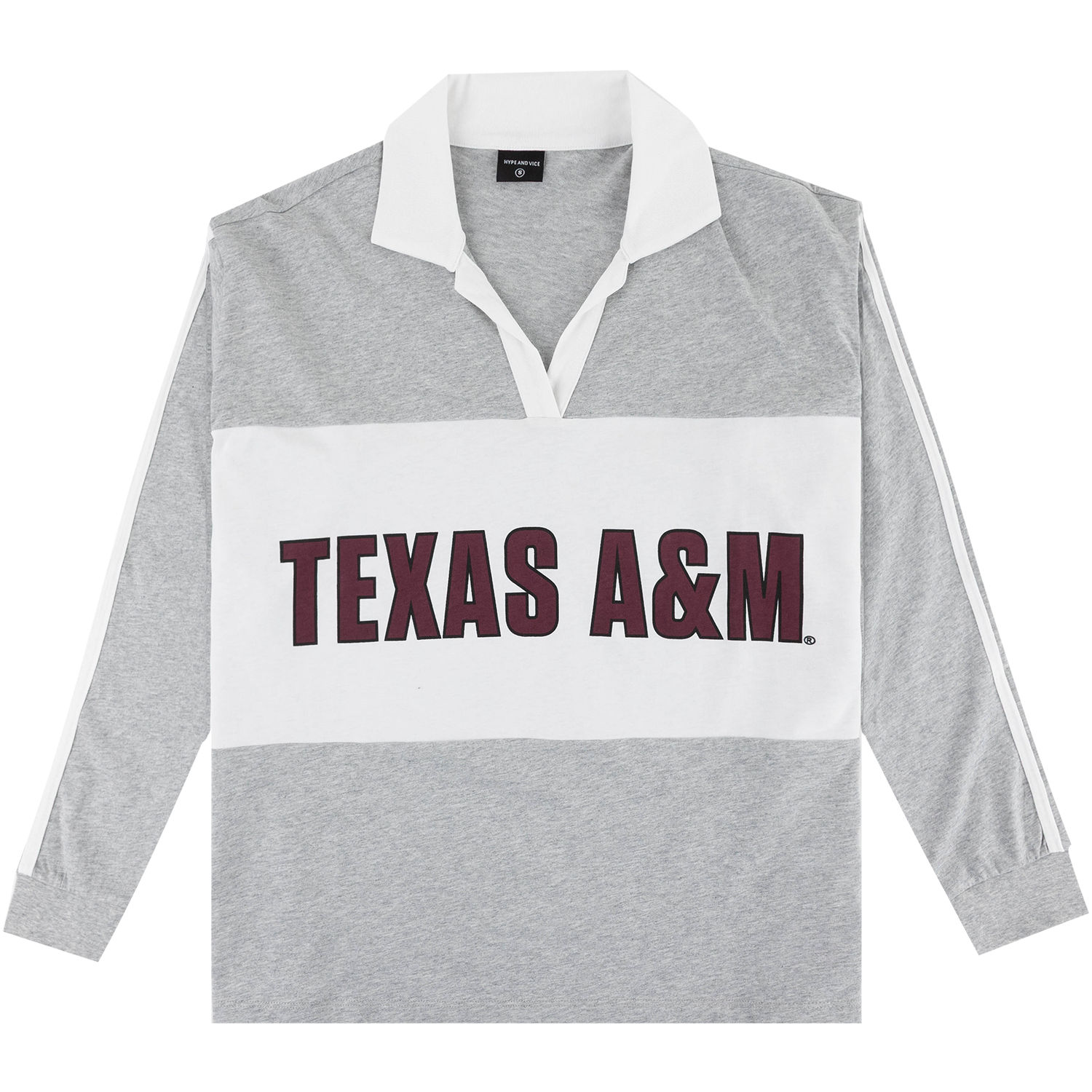Grey polo style long sleeve shirt with thick white stripe on middle text reads TEXAS A&M in bold maroon