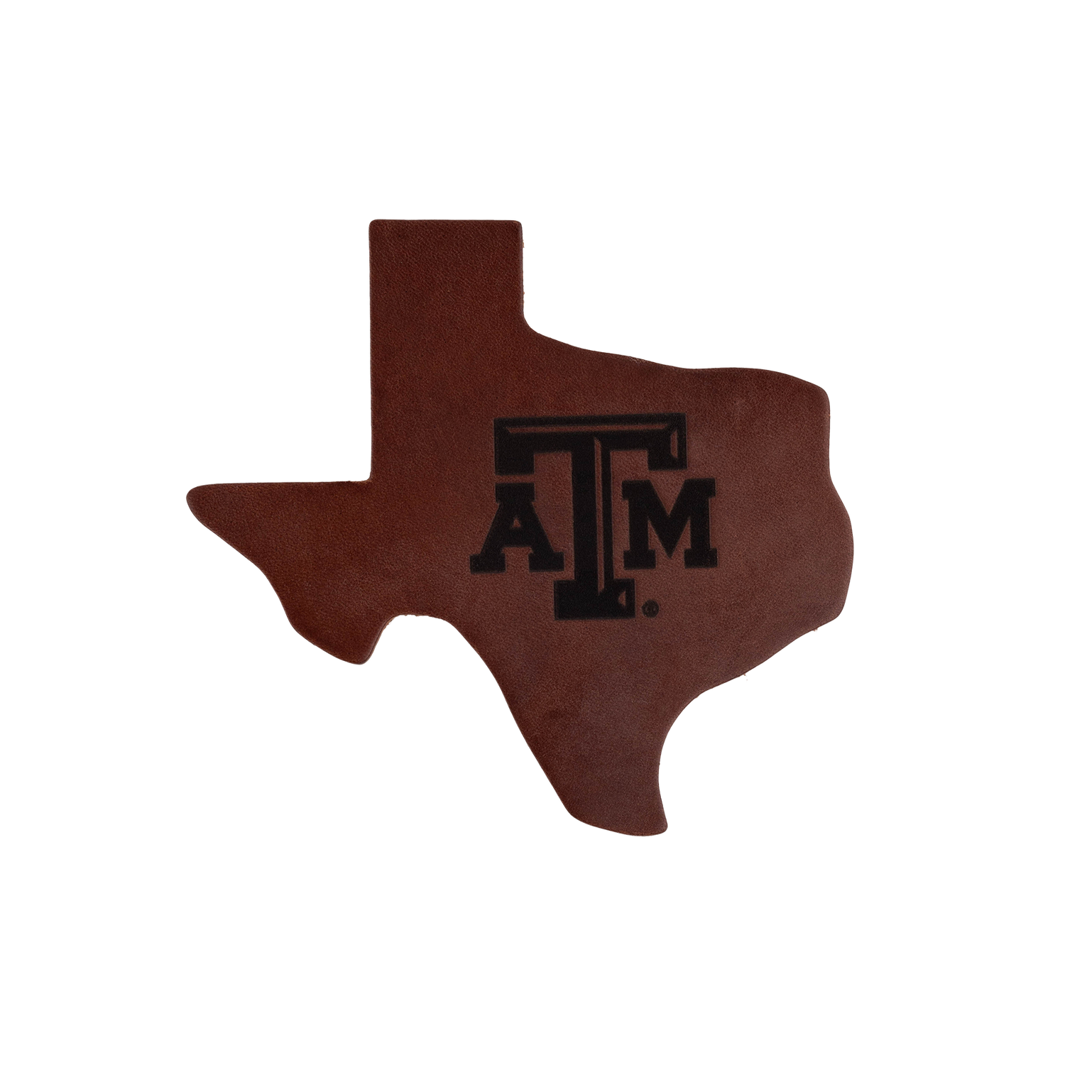 Brown Texas-shaped object with 'ATM' logo
