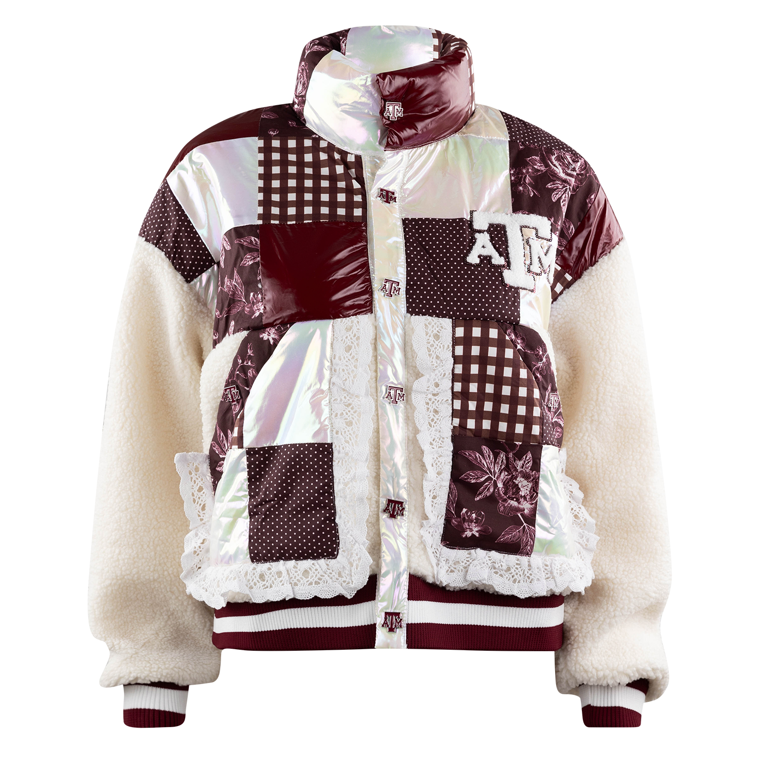 Texas A&M patchwork sherpa jacket featuring maroon and white floral, gingham, and polka dot panels, iridescent accents, lace trim, and an embroidered A&M logo.