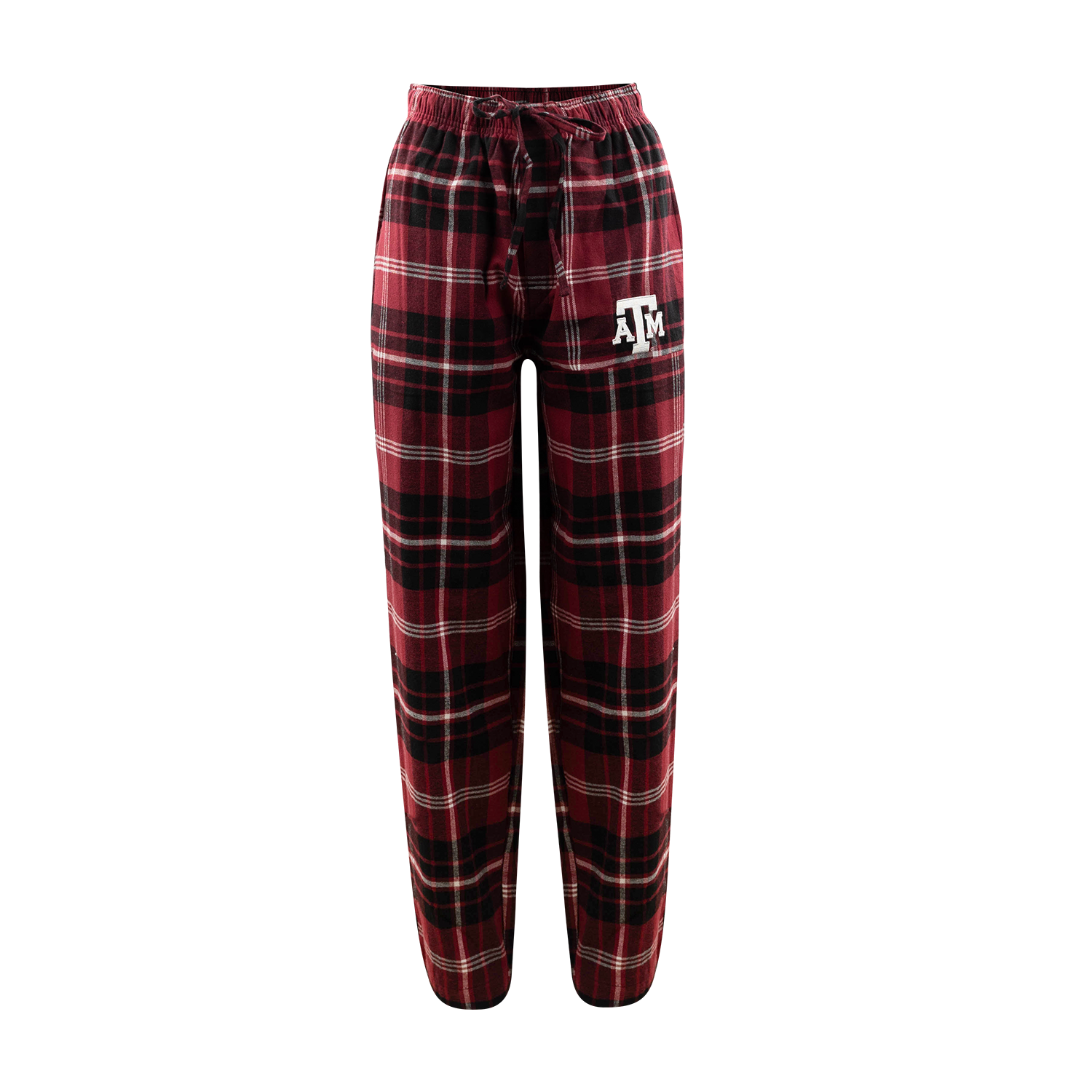 Maroon and black plaid flannel pajama pants with an elastic drawstring waist and a white Texas A&M 'A&M' logo on the left thigh, shown against a plain white background.