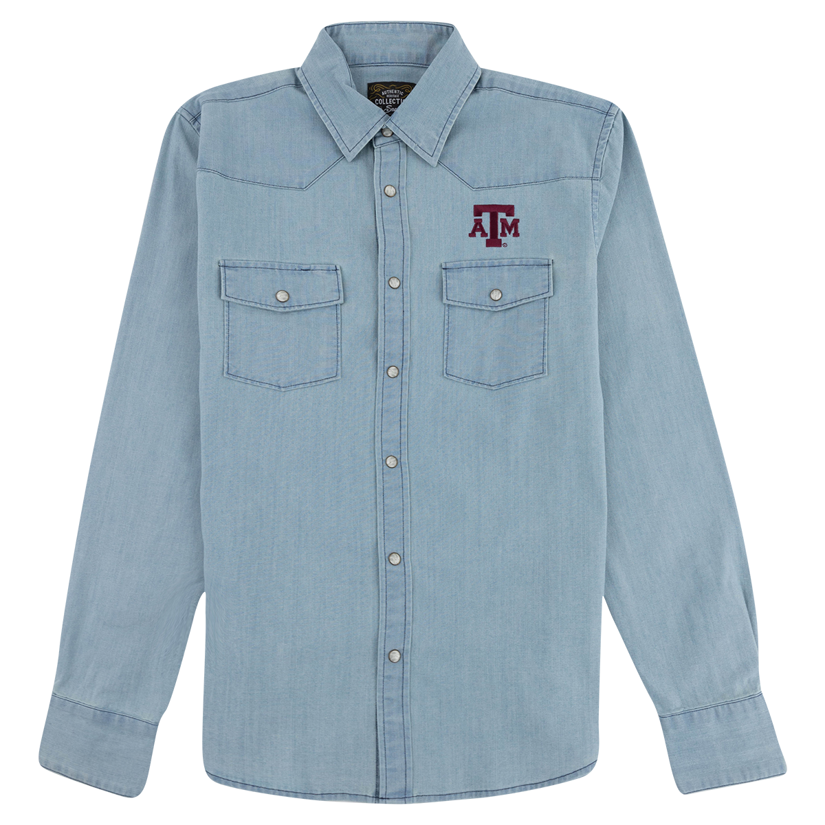 Light blue Texas A&M denim button-down shirt featuring a maroon A&M logo, pointed collar, and two front flap pockets.