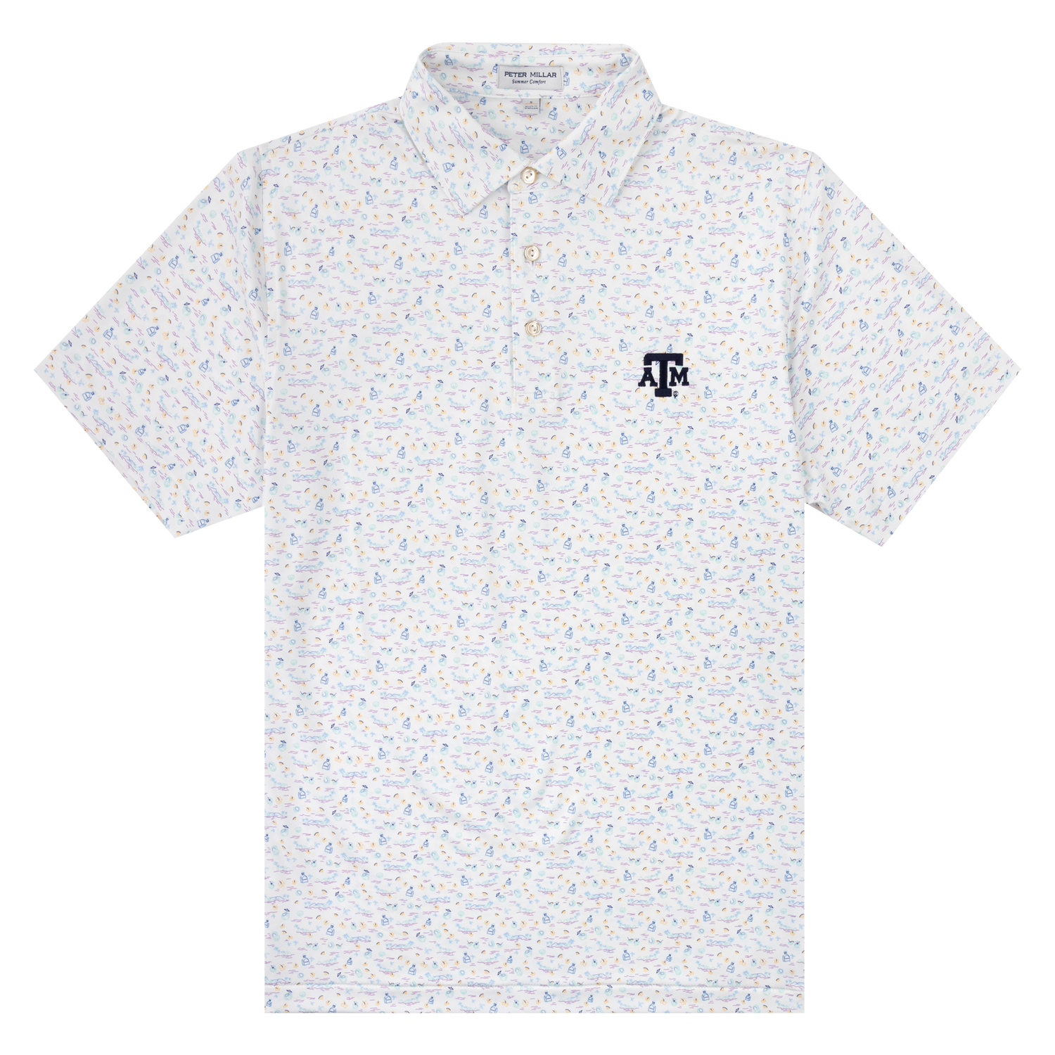 White Texas A&M Peter Millar polo with Bottle, watermelon, and beach design