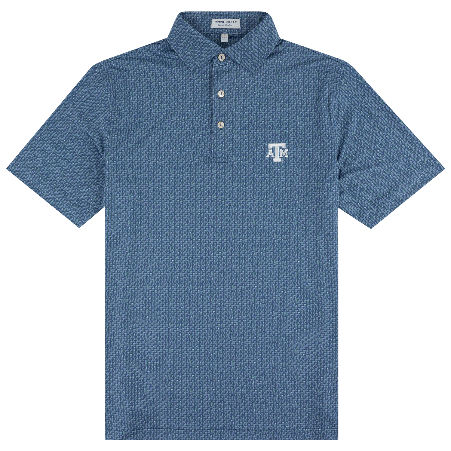 Blue polo with scattered beverages design and white ATM logo on chest