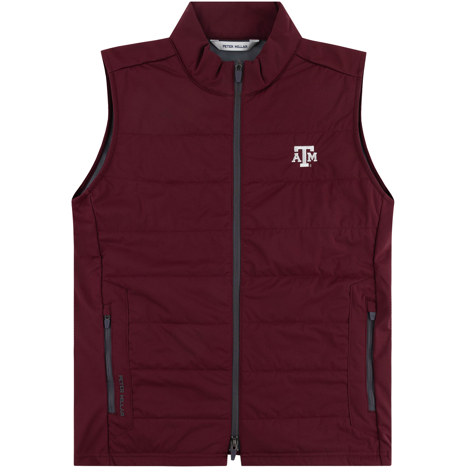 Maroon Peter Millar quilted vest featuring a full-zip front, high collar, zippered side pockets, and a white Texas A&M ATM logo embroidered on the left chest.