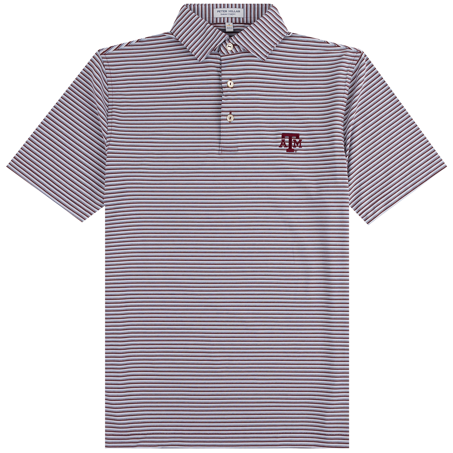 Peter Millar performance polo shirt in maroon, white, and gray stripes, featuring an embroidered Texas A&M logo on the left chest.