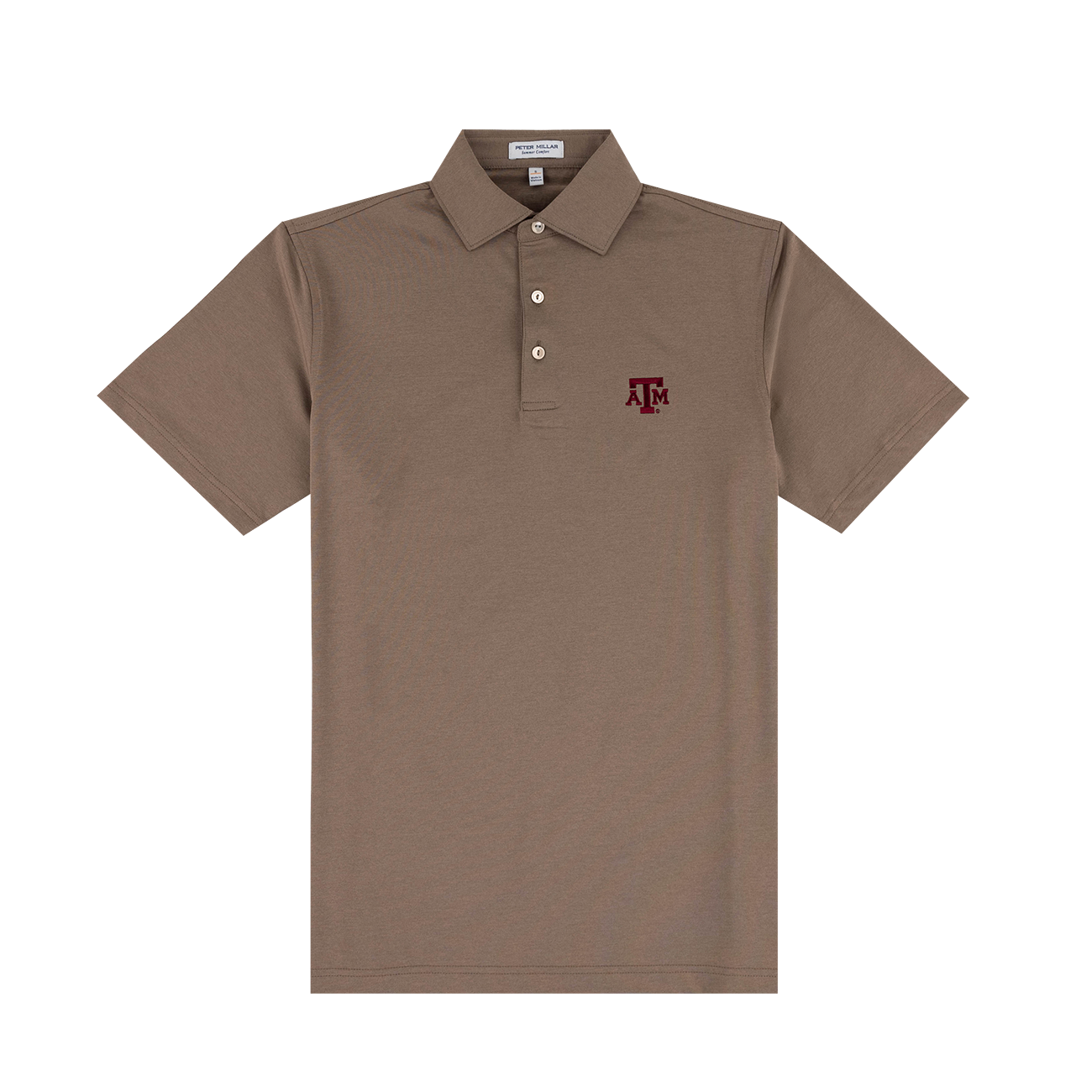 Brown polo with the Texas A&M logo embroidered on the upper left chest in maroon.