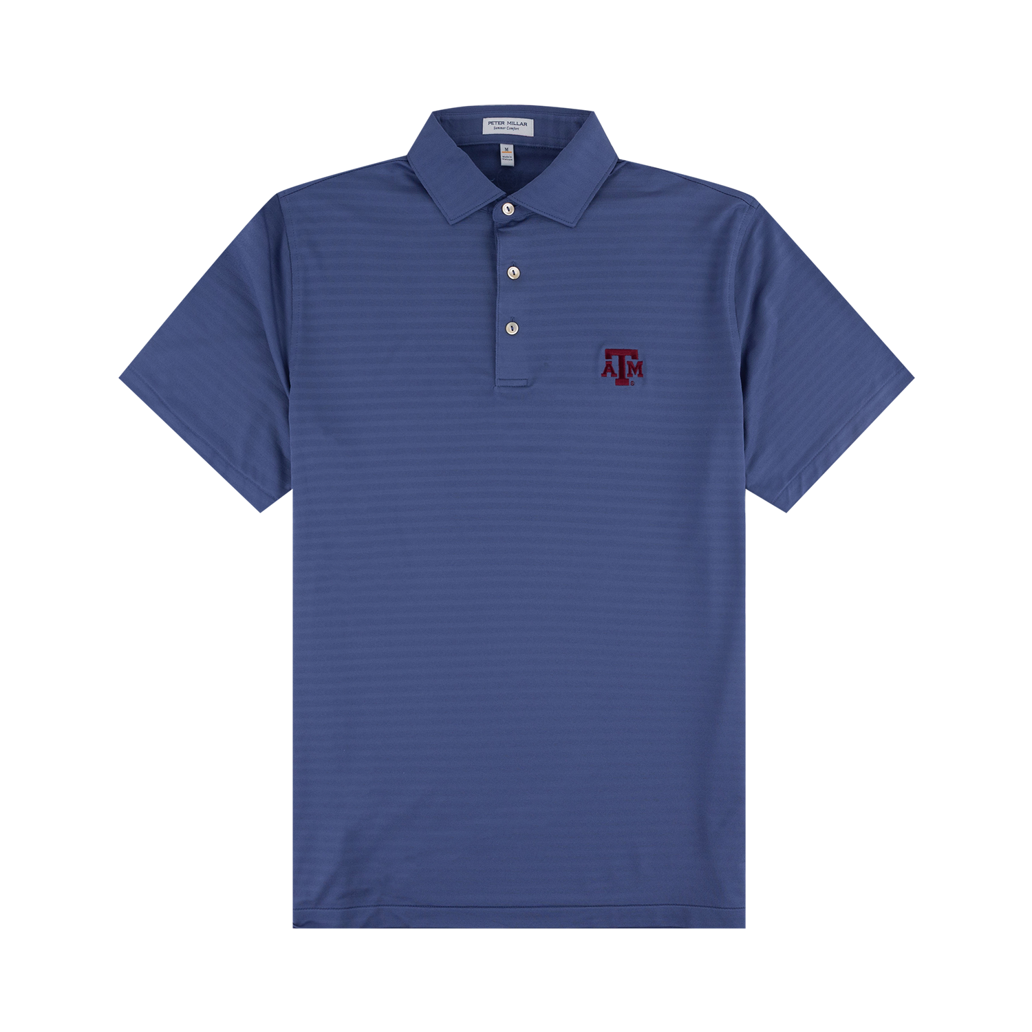 Navy blue striped button performance shirt with ATM logo embroidered on the left chest. 